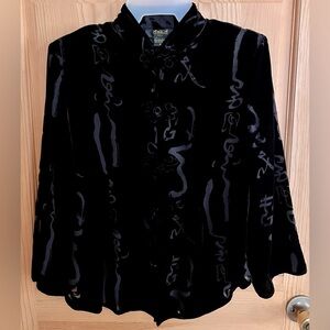Anio A. Black Velvet Blouse Jacket Asian Inspired Design Mandarin Closure Collar